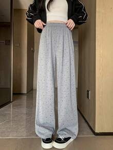 Pantalones de las mujeres de lunares de pierna ancha verano sección delgada recta perezoso pantalones de arrastre de protección solar - Gris - Ver 2