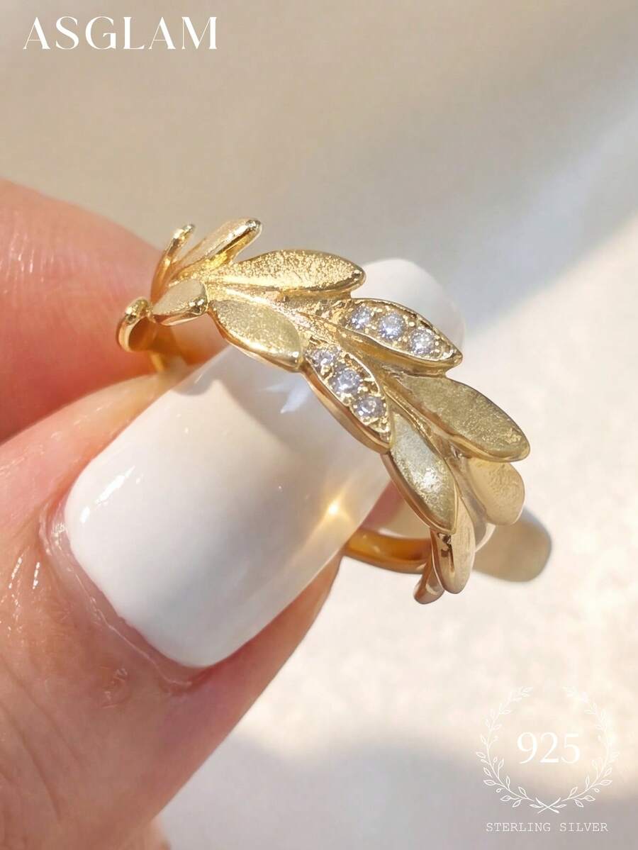 1pc Elegant & Fashionable Gold-Tone & White Cubic Zirconia 925 Sterling Silver Ring, Suitable For Anniversary/Birthday Gift - Gold - View 1