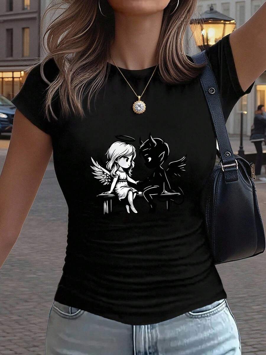 Intertwined Angel And Demon Print - Y2K Style - Women's Small Size Fitted Casual Sporty Solid Color T-Shirt With Waist Pleats, Round Neck, Short Sleeve, Suitable For All Seasons. - 黑色 - 查看 1