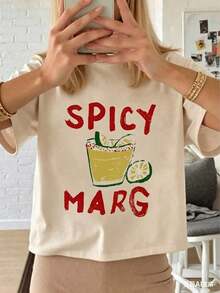Summer T-Shirts 2026 - Women's Spicy Daisy Print T-Shirt - White T-Shirt With Red Lettering - Casual Stretch Summer Top, Suitable For Beach, Party And Everyday Wear - Non-See-Through Machine Washable Beach T-Shirt, Party Outfit, Fun Design - Washed Cotton Summer Clothes - 杏色 - 查看 7