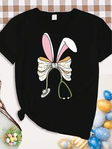 Camiseta de mujer de cuello redondo con estampado gráfico de conejita enfermera adorable de Pascua, mangas cortas casuales, perfecta para una silueta de primavera/verano - Negro - Ver 1