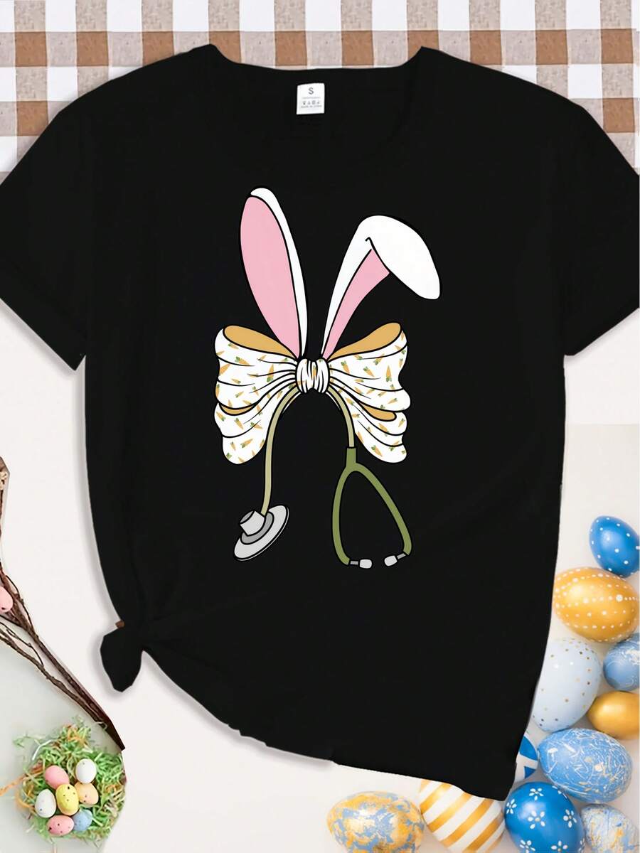 Camiseta de mujer de cuello redondo con estampado gráfico de conejita enfermera adorable de Pascua, mangas cortas casuales, perfecta para una silueta de primavera/verano - Negro - Ver 1
