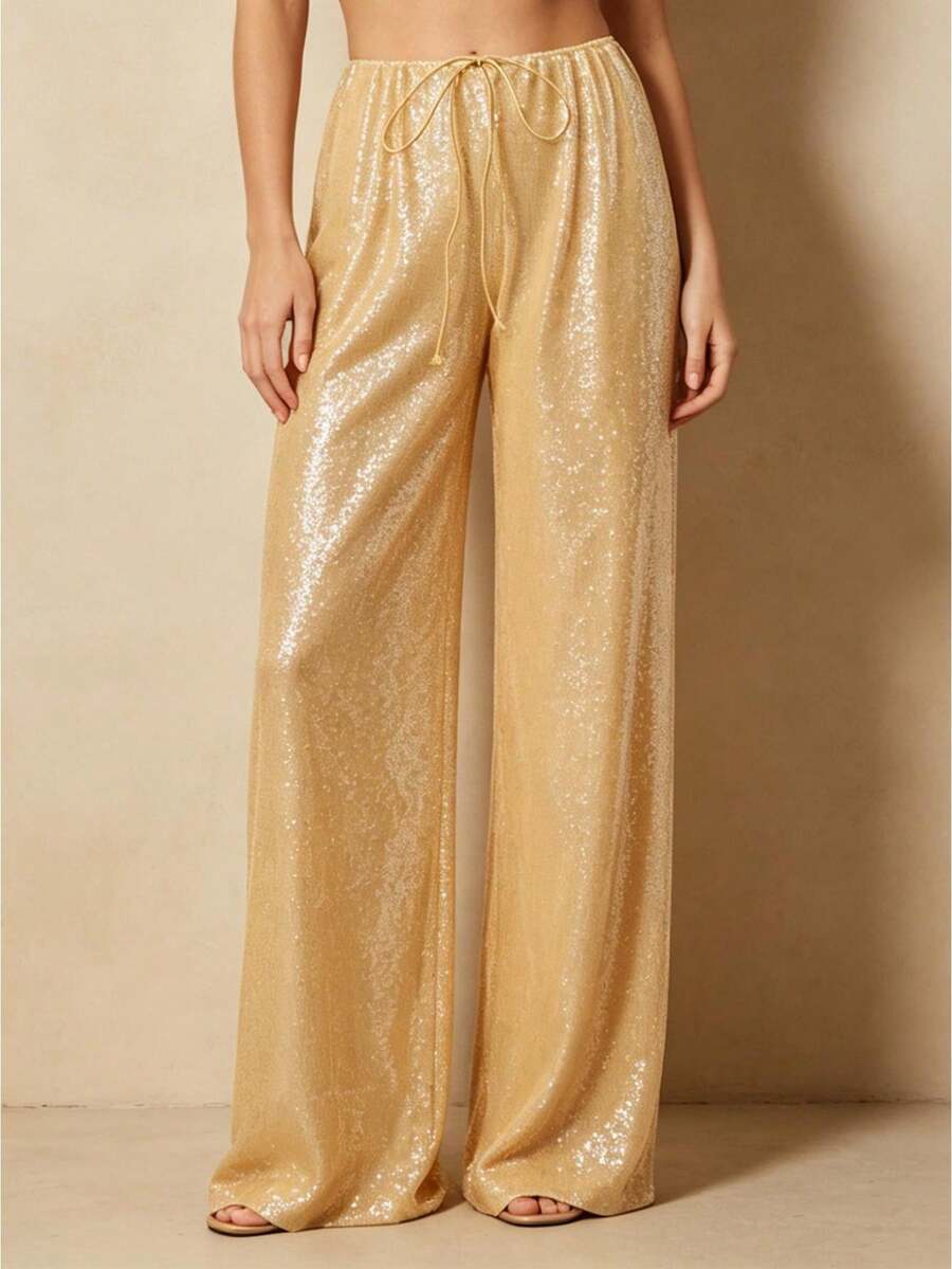 Women's Sparkle Sequin Pants Lightweight Elastic Waist Wide Leg Loose Pants Trousers - Amarillo - Ver 1