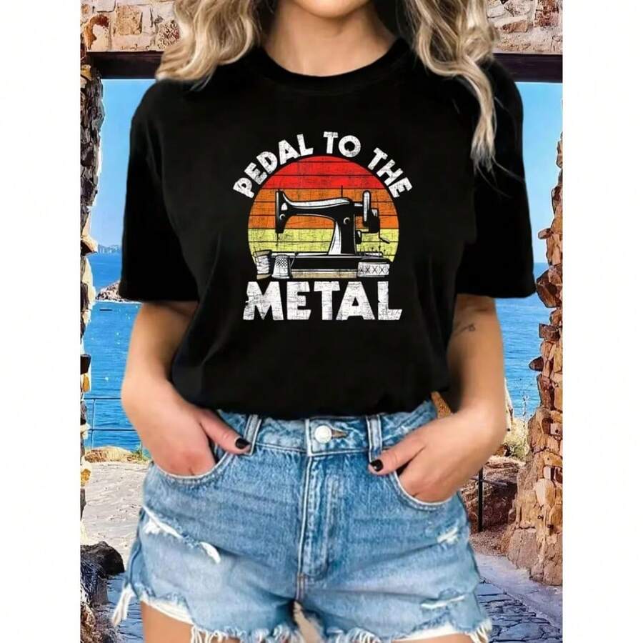 Camiseta unisex Pedal to The Metal para máquina de coser y acolchadora, transpirable, de cuello redondo, manga corta, casual de verano, con estampado floral, tela ligera, lavable a máquina - [Negro] - Ver 1
