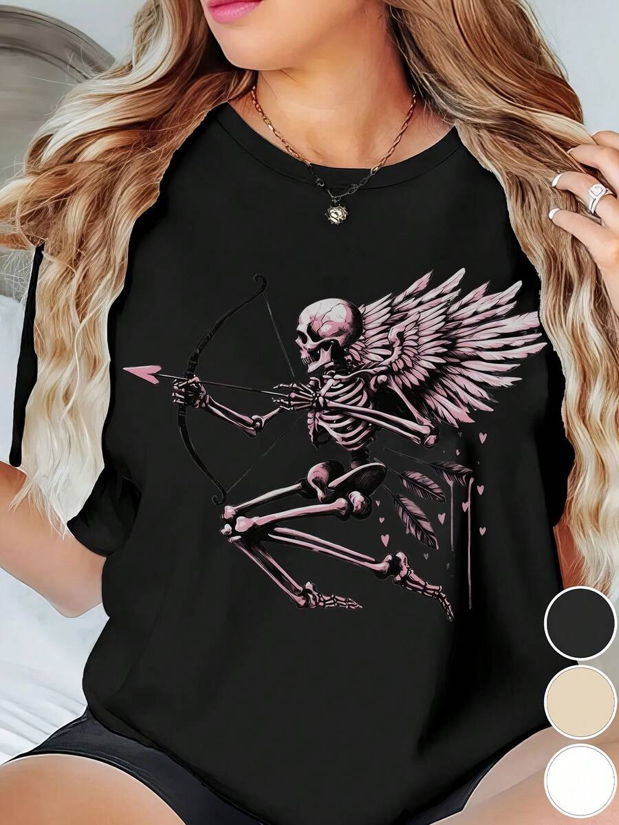 Talla Grande - Camiseta Gótica de Calavera y Cupido para Mujer - Atuendo Sexy para San Valentín y Fiestas de Halloween - Top Gótico Suave para Uso Diario - Apta para Tallas Grandes - Lavable a Máquina - Beige/Negro/Blanco/Gris - Camiseta de Impacto, Camiseta Gótica, Atuendo Festivo, Camiseta con Estampado Único, Tela Cómoda, Ropa Casual, Estética Oscura, Material Duradero, Camiseta de Impacto, Camisetas de Moda Alternativa para Mujer, Blusas Negras de Algodón para Damas - Negro - Ver 1