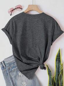 Camiseta de manga corta de talla grande para mujer con bordado de margaritas - Blusa de cuello redondo de corte holgado - Top compatible| Camisa de manga corta, cómoda y moderna, adecuada para uso diario, atuendos universitarios, citas y para usar en capas, diseño lavable a máquina. - Gris - Ver 2