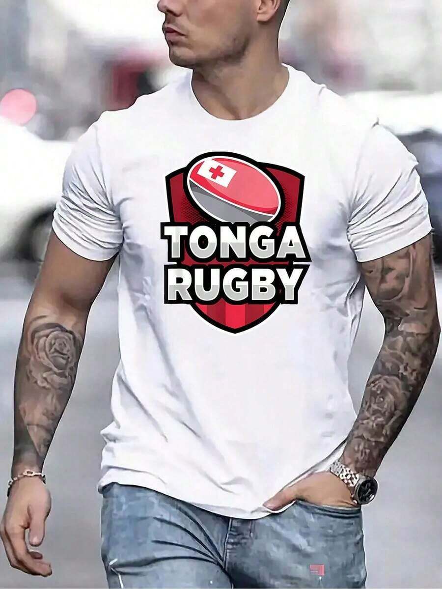 Camiseta Gráfica "Tonga Rugby" de GiftMen'S - Cuello Redondo Rojo, Manga Corta, Camiseta Casual de Verano con Diseño de Escudo de Rugby, Ligera y Cómoda, Ropa Casual de Verano | Camiseta Deportiva con Estampado Gráfico | Ajuste cómodo, Accesorios de Rugby, Camiseta holgada de talla grande, Suave - Blanco - Ver 1