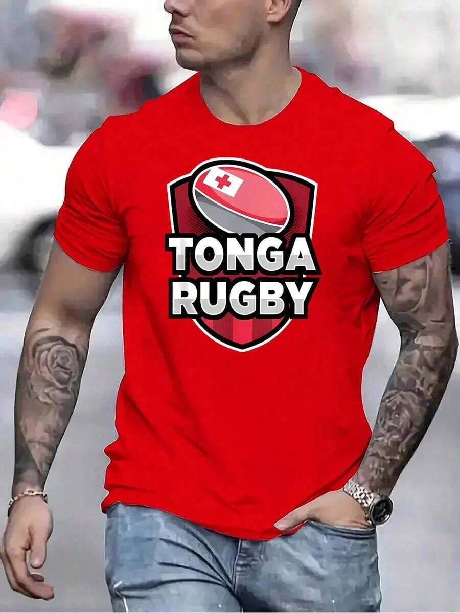 Camiseta Gráfica "Tonga Rugby" de GiftMen'S - Cuello Redondo Rojo, Manga Corta, Camiseta Casual de Verano con Diseño de Escudo de Rugby, Ligera y Cómoda, Ropa Casual de Verano | Camiseta Deportiva con Estampado Gráfico | Ajuste cómodo, Accesorios de Rugby, Camiseta holgada de talla grande, Suave - Rojo - Ver 1