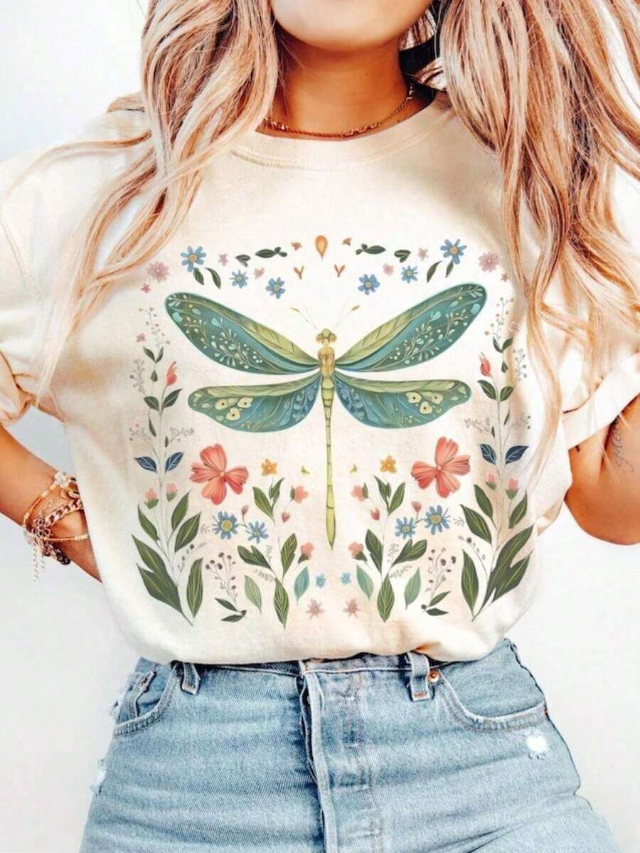 Camiseta de Libélula en Acuarela: Estilo Floral de Vidrio Manchado, Camisetas para Mujer, Camisetas Gráficas Unisex, Camiseta Divertida - Blanco - Ver 1