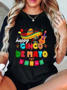 Camiseta Casual 100% Algodón para Hombre, Feliz 5 de Mayo, Vamos a Festejar, Viva México, Cinco de Mayo, Moda - Negro - Ver 1