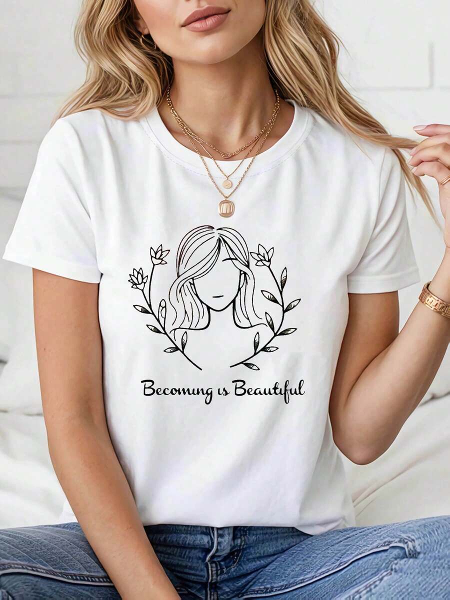 Women's "Becoming Is Beautiful" T-Shirt With A Print Of A Beautiful Feminine Silhouette, Women's Party Top With A Restorative Effect, Elegant And Short-Sleeved, Urban Style T-Shirt For Everyday Wear. - 白色 - 查看 1