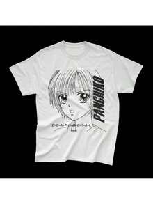 Camiseta Gráfica de Death Metal Panchiko para Hombres  Camiseta de AnimeManga con Dise?o del Personaje Panchiko y Etiqueta de Death Metal - Cuello Redondo Casual, Manga Corta, Tejido Ligero Elástico, - Blanco - Ver 1