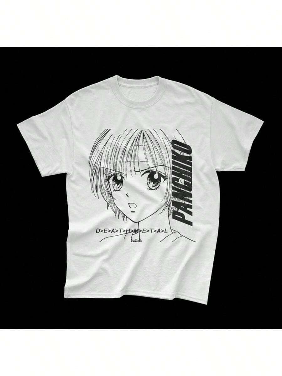 Camiseta Gráfica de Death Metal Panchiko para Hombres Camiseta de AnimeManga con Dise?o del Personaje Panchiko y Etiqueta de Death Metal - Cuello Redondo Casual, Manga Corta, Tejido Ligero Elástico, - Blanco - Ver 1