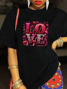 Blusa de Mujer con Estampado de AMOR y Corazón - Top Casual de Cuello Redondo y Manga Corta, I para Primavera y Verano - Negro - Ver 1