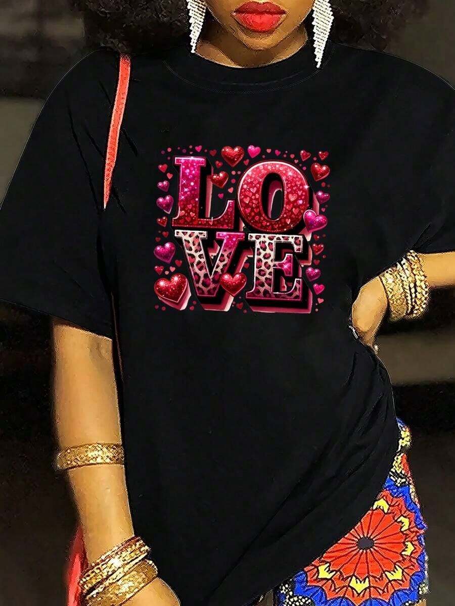 Blusa de Mujer con Estampado de AMOR y Corazón - Top Casual de Cuello Redondo y Manga Corta, I para Primavera y Verano - Negro - Ver 1