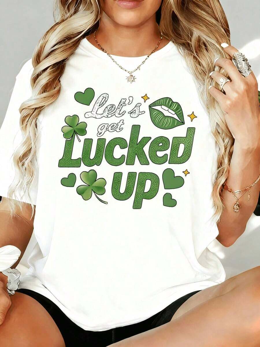 Camiseta del Día de San Patricio para Mujer, Estilo Casual con Trébol de la Suerte, Divertida Camiseta Verde Festiva para Celebración del Día de San Patricio, 180g, para Ocio en Casa, Aire Libre, Regalo para Fiesta de San Valentín - Blanco - Ver 1