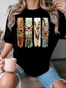 Vintage Boho Floral T-Shirt, Flower And Butterfly T-Shirt, Floral T-Shirt, Retro Floral T-Shirt, Gift For Nature Lovers, Unisex Graphic T-Shirts, Funny T-Shirt - 黑色 - 查看 5