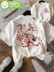 Limited Edition[Double-Sided Print] Summer Casual Women'S Top, Japanese Style Crane And Cherry Blossom Printed Round Neck Short Sleeve-Shirt [ 1]Lightweight Cotton - 綠色 - 查看 10