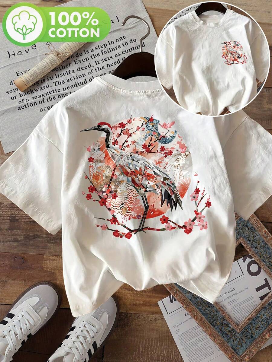 Limited Edition[Double-Sided Print] Summer Casual Women'S Top, Japanese Style Crane And Cherry Blossom Printed Round Neck Short Sleeve-Shirt [ 1]Lightweight Cotton - 白色 - 查看 1