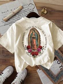 Limited EditionDouble-Sided Print Summer Casual Women's Top, Vintage Style, Our Lady Of Guadalupe Of Roses Print, Round Neck Short-Sleeved-Shirt, 1Lightweight Cotton - 杏色 - 查看 4