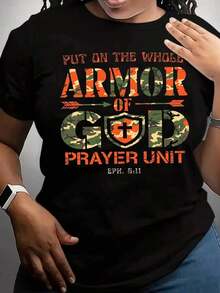 Maweii Women's Plus Size Casual T-Shirt - Camouflage Print "It's Never Luck, It's Always God", White, Short Sleeve, Round Neck, Machine Washable, All Season Comfort, Motivational Clothing, Easy Care. - 黑色 - 查看 5