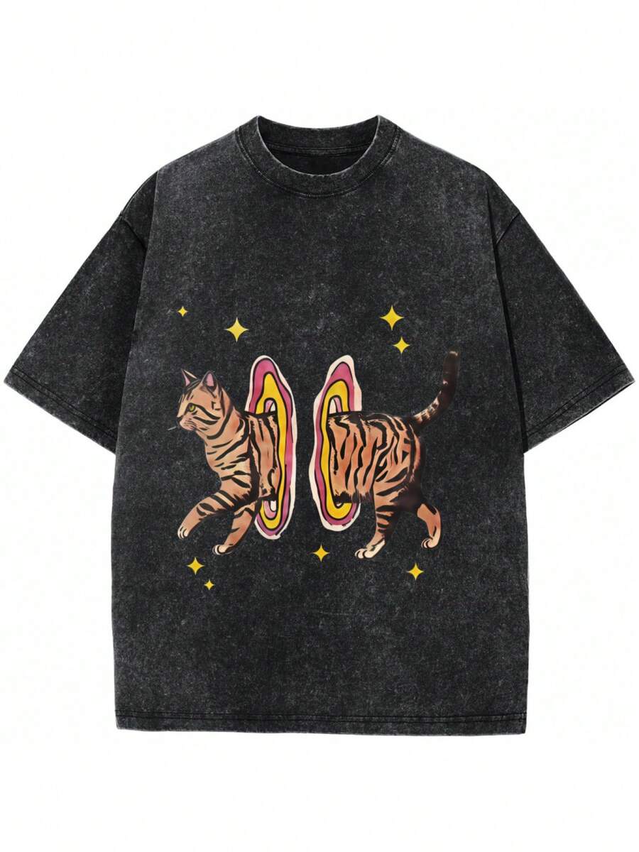 1 pieza de camiseta estampada estilo Cool Cat Y2K Harajuku, unisex, retro, holgada, estilo urbano, con estampado de Cool Cat y Harajuku, cuello redondo, manga corta, lavable a máquina, camiseta estética Y2K, adecuada para uso diario casual y de fiesta tanto para hombres como para mujeres, cómoda y holgada, versátil, moderna y a la moda, camiseta de algodón puro lavado de 180g. - Negro - Ver 1