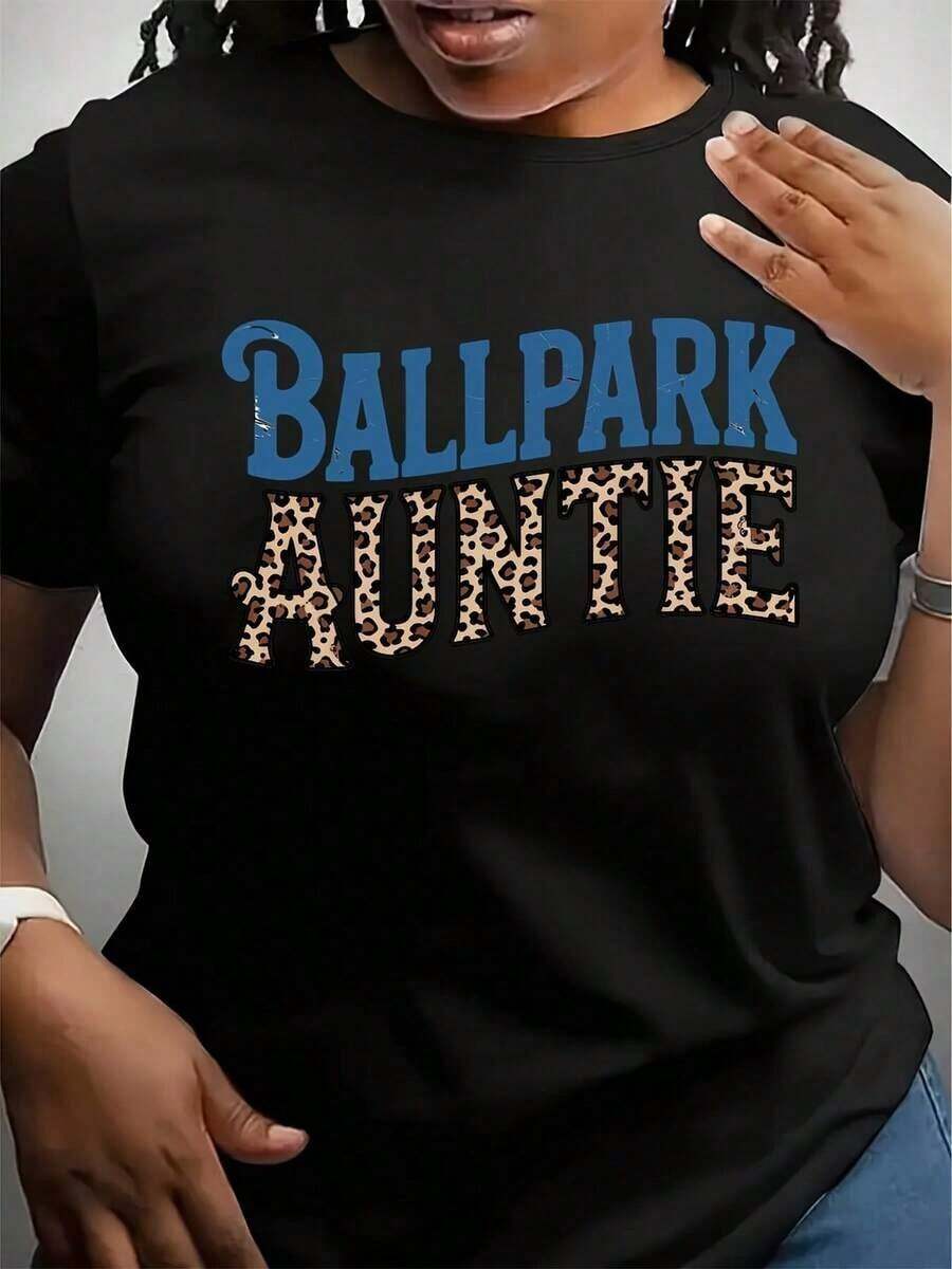 Auntie Baseball T-Shirt, Baseball Auntie T-Shirt, Leopard Print T-Shirt, Softball T-Shirt, Retro T-Shirt, Short Sleeve, Crew Neck, Comfortable And Casual For Summer, Women's T-Shirt - 黑色 - 查看 1