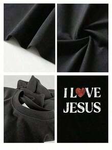 Men's Premium Unisex Casual T-Shirts 2026 AF, 100% Cotton, With Distressed "I Love Jesus" Graphic Print, Perfect For Everyday Wear By Christian Men, It's An Ideal Gift Choice. - 黑色 - 查看 4