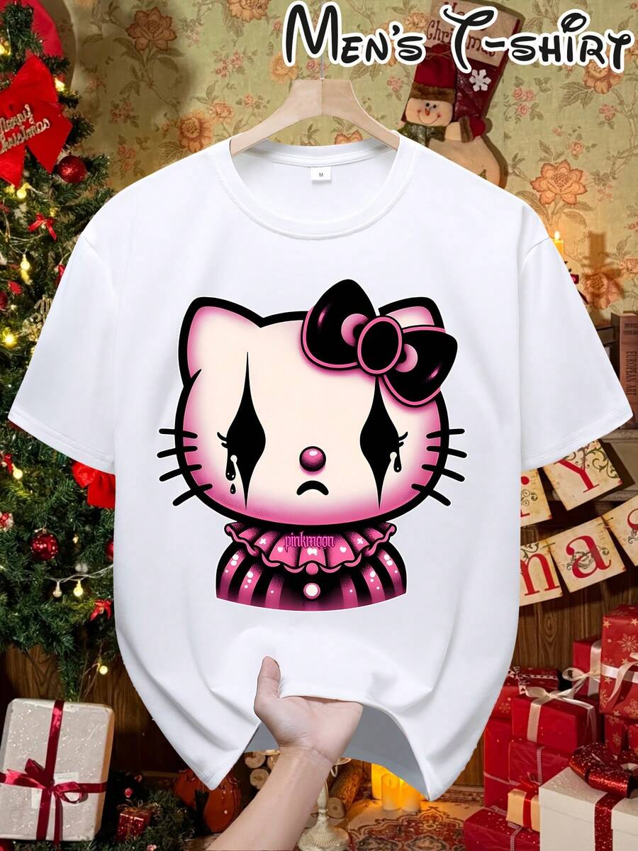-Sad Theme Printed Crew Neck T-Shirt For Men, Birthday Gift, Christmas Gift, Holiday Gift, Sports Short Sleeve, Men's Breathable Casual Clothing, Suitable For Vacation, Gatherings And Outdoor Activities, Regular Fit, Urban Fashion, Loose And Comfortable. - White - View 1