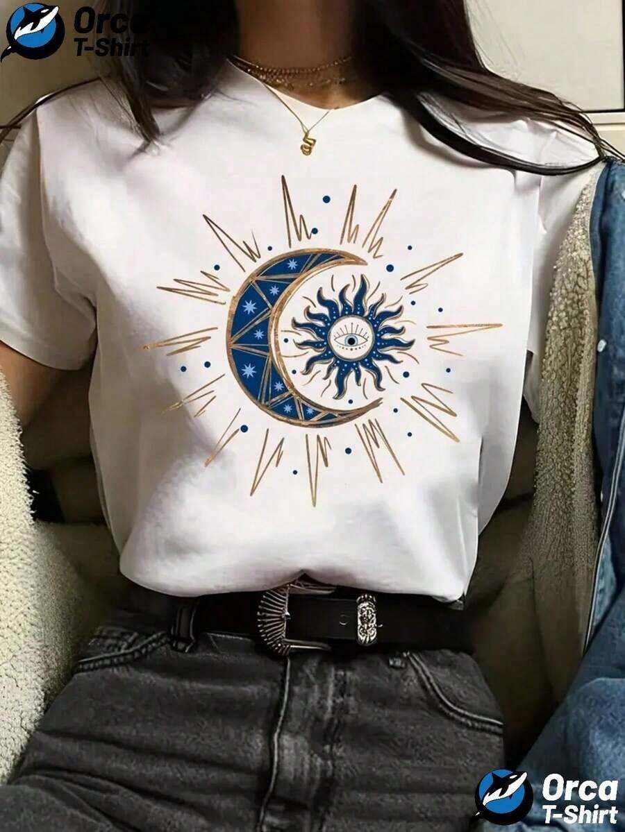 100% cotton Camiseta de manga corta casual para mujer - 100% algodón estampado geométrico de media luna y estrellas, cuello redondo, superior de primavera y verano, lavable en máquina - Blanco - Ver 1
