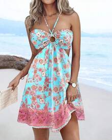 Minivestido casual con estampado floral, cuello halter, detalle atado, espalda elástica fruncida y diseño calado en línea A, ideal para vacaciones. - Azul cielo - Ver 5