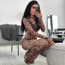 Vestido largo hasta el suelo con estampado de leopardo para mujer, Vestido de malla con rayos X, ajustado, de manga larga, con cuello redondo, nueva moda, Sexy y Club - Colores Mezclados - Ver 2