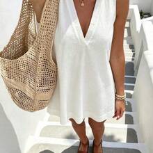 Minimalist White Linen Sleeveless V-Neck Dress / Relaxed A-Line Skirt / Korean Soft Style / Daily Commute Short Dress - Blanco - Ver 5