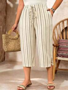 Pantalones casuales sueltos para mujer de talla grande, de unicolor, con cintura elástica y cordón - Albaricoque 3 - Ver 2
