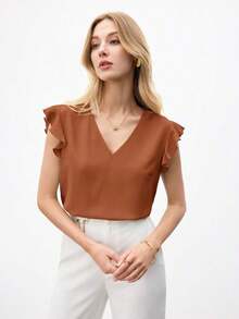 Blusa holgada de manga abullonada y cuello en V para mujer, estilo urbano básico, elegante y minimalista para uso casual en la oficina, adecuada para maestras y atuendo de negocios, otoño - Marrón - Ver 5