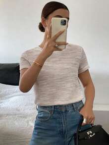 Camiseta casual de mujer con cuello redondo y mangas cortas en bloque de colores, adecuada para el verano - Albaricoque - Ver 6