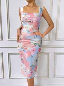 Vestido de verano midi de punto con pliegues, corte ajustado y estampado floral acuarela, con abertura lateral, elegante para vacaciones y uso diario - Multicolor - Ver 2