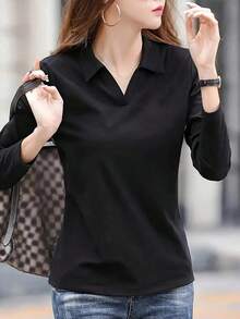 Camiseta casual, versátil, de manga larga y cuello vuelto, de unicolor, para mujer, primavera y verano - Negro - Ver 6