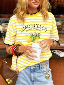 de mujer, estampado de rayas de frutas de cereza en contraste de colores, camiseta suelta de manga corta con estilo retro estadounidense juvenil, colección primavera/verano 2026, como regalo para amigos - Multicolor 7 - Ver 1