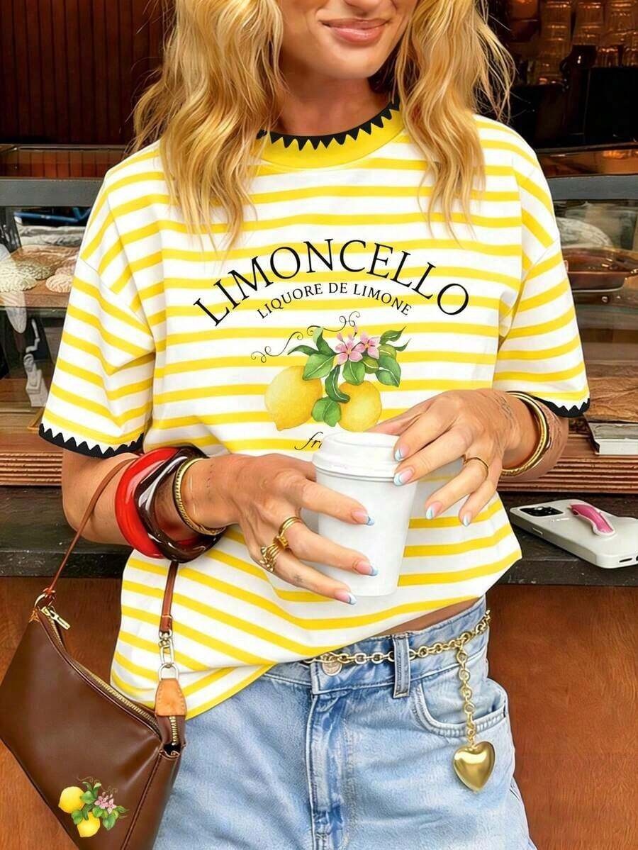 de mujer, estampado de rayas de frutas de cereza en contraste de colores, camiseta suelta de manga corta con estilo retro estadounidense juvenil, colección primavera/verano 2026, como regalo para amigos - Multicolor 7 - Ver 1