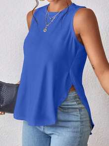 1 pieza Camiseta casual de mujer de cuello redondo y bajo con abertura lateral de un solo color - Azul - Ver 5