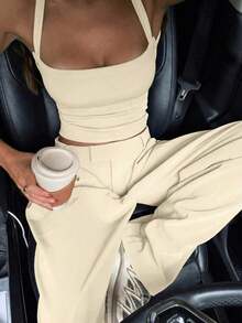 deportivo casual de unicolor, sexy, con espalda descubierta y tirantes cruzados, adecuado para el verano - Albaricoque - Ver 4