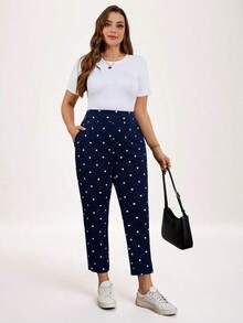 Pantalones casuales con estampado de lunares, bolsillos y aberturas laterales para mujer talla grande.Ideales para vacaciones, Año Nuevo, Día de San Valentín, negocios casuales, oficina, primavera y verano - Azul marino - Ver 3