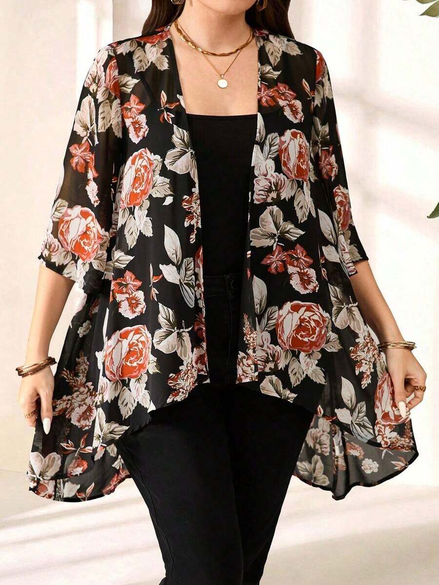 Chaqueta casual de apertura frontal con mangas 3/4 de jacquard para mujer de talla grande, para atuendos de vacaciones de otoño/invierno, atuendos de primavera, ropa de verano, vestidos de primavera, atuendos de primavera, ropa de primavera par - Negro 3 - Ver 1