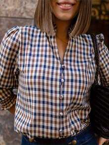 Camisa elegante y casual de mujer con mangas largas a cuadros, cuello en V, decorada con volantes.Puño ancho de panal.Cierre con botones, blusa elegante y con estilo para primavera/verano - Colores mixtos - Ver 5