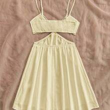 Romantic Casual Vacation Blue & White Printed Contrast Lace Back Lace-Up Hollow Out V-Neck Slip Dress For Women - Rojo - Ver 3