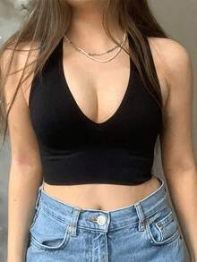 Camiseta sin mangas de corte ajustado con cuello en V simple y moderna para mujer, muy adaptable para el verano - Negro - Ver 5