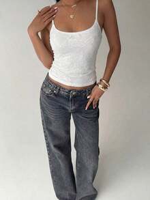 Camiseta de mujer nueva con encaje y aplicación de lentejuelas, ropa de calle sexy - Blanco - Ver 4