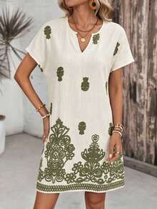 Vestido casual de mujer con estampado floral, cuello en V y manga corta para vacaciones - Verde 2 - Ver 5