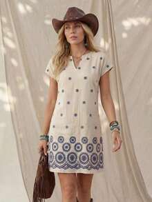 Vestido casual de mujer con estampado floral, cuello en V y manga corta para vacaciones - Azul y blanco - Ver 6